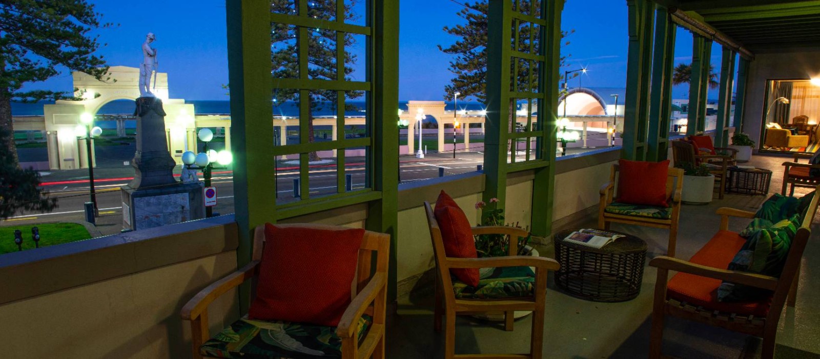 Art Deco Masonic Hotel's Balcony enjoys stunning views across Napier's Soundshell .
